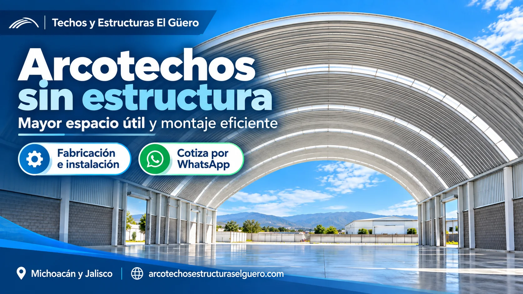 Flyer informativo sobre arcotechos sin estructura: mayor espacio útil y montaje eficiente